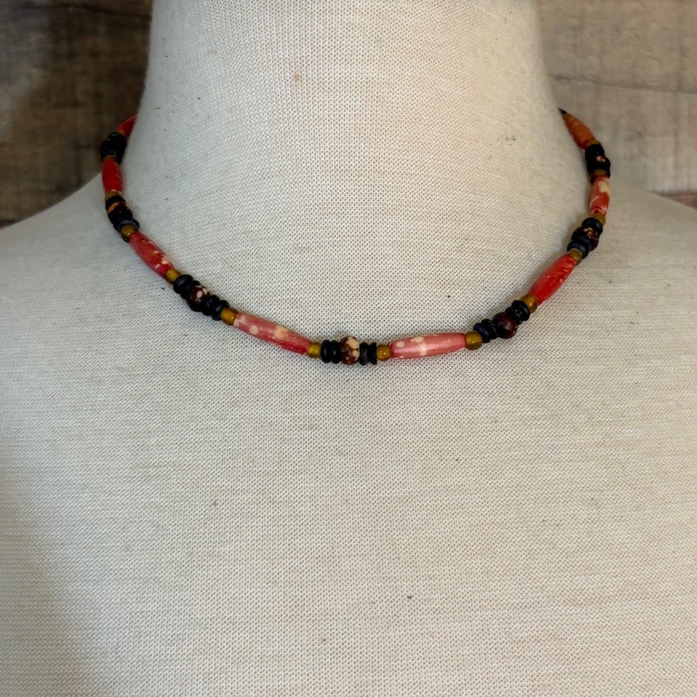 Handmade Red Marbled Tube Bead Necklace Wood Accents Boho Choker 16 Inch